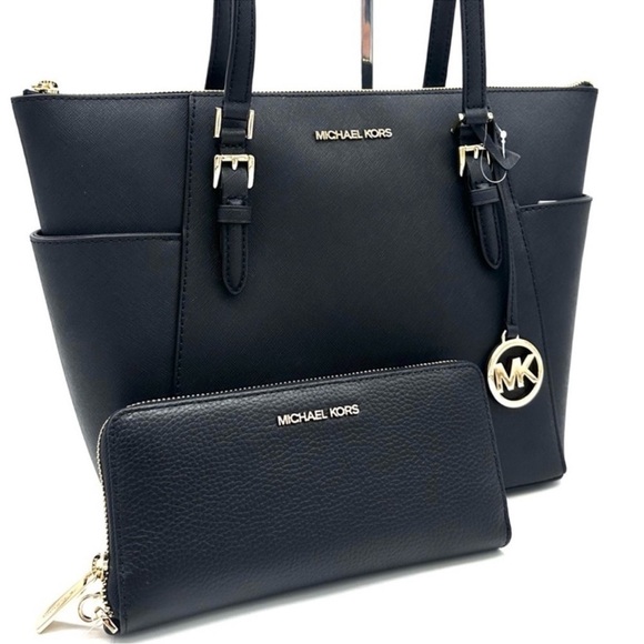 Michael Kors Large Charlotte Tote Bag & Large Continental Wallet Wristlet Black - Picture 1 of 14